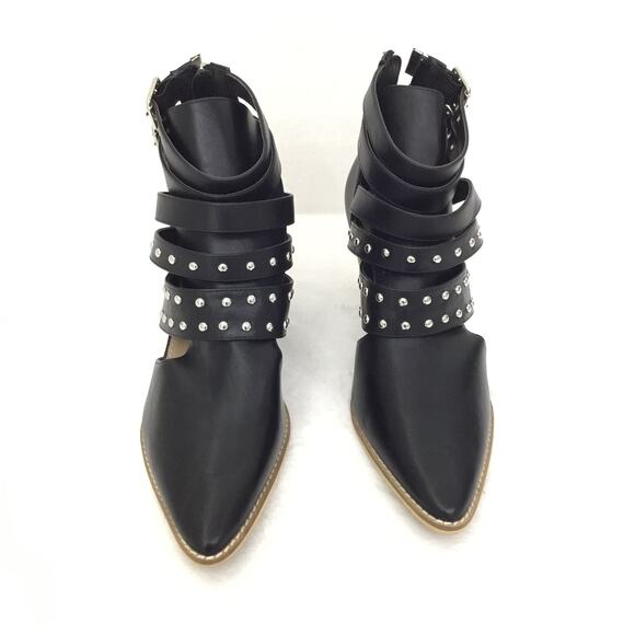BEAST FASHION Black Studded Cutout Buckle Strap Pointy Toe Ankle Booties Sz 9 - Picture 2 of 10